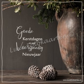 Goede Kerst - Bruine pot met dennenappels